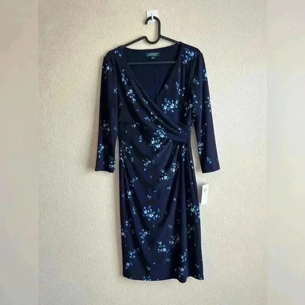 Lauren Ralph Lauren Women's‎ Floral-Print Jersey Dress Navy Size 4